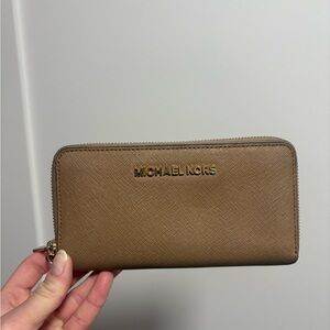 Michael Kors Tan Zip Wallet with Gold Logo